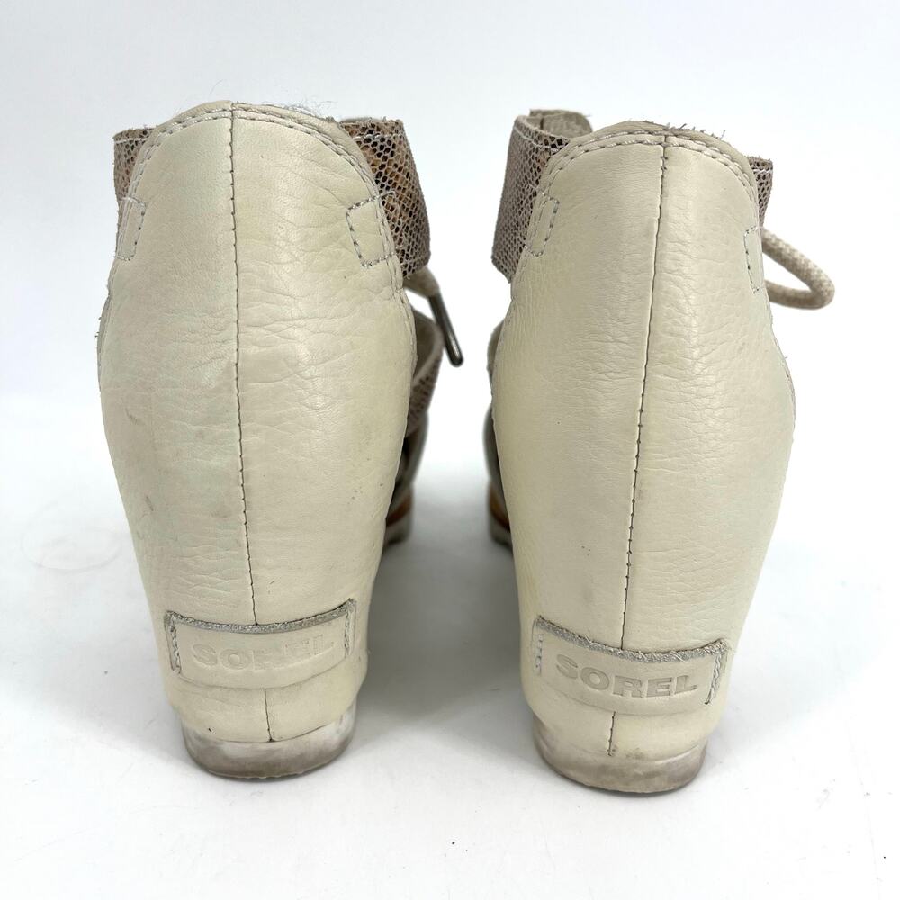 Sorel white/cream leather Joanie III lace wedge open toe sandals (7.5) snakeskin - Picture 6 of 9
